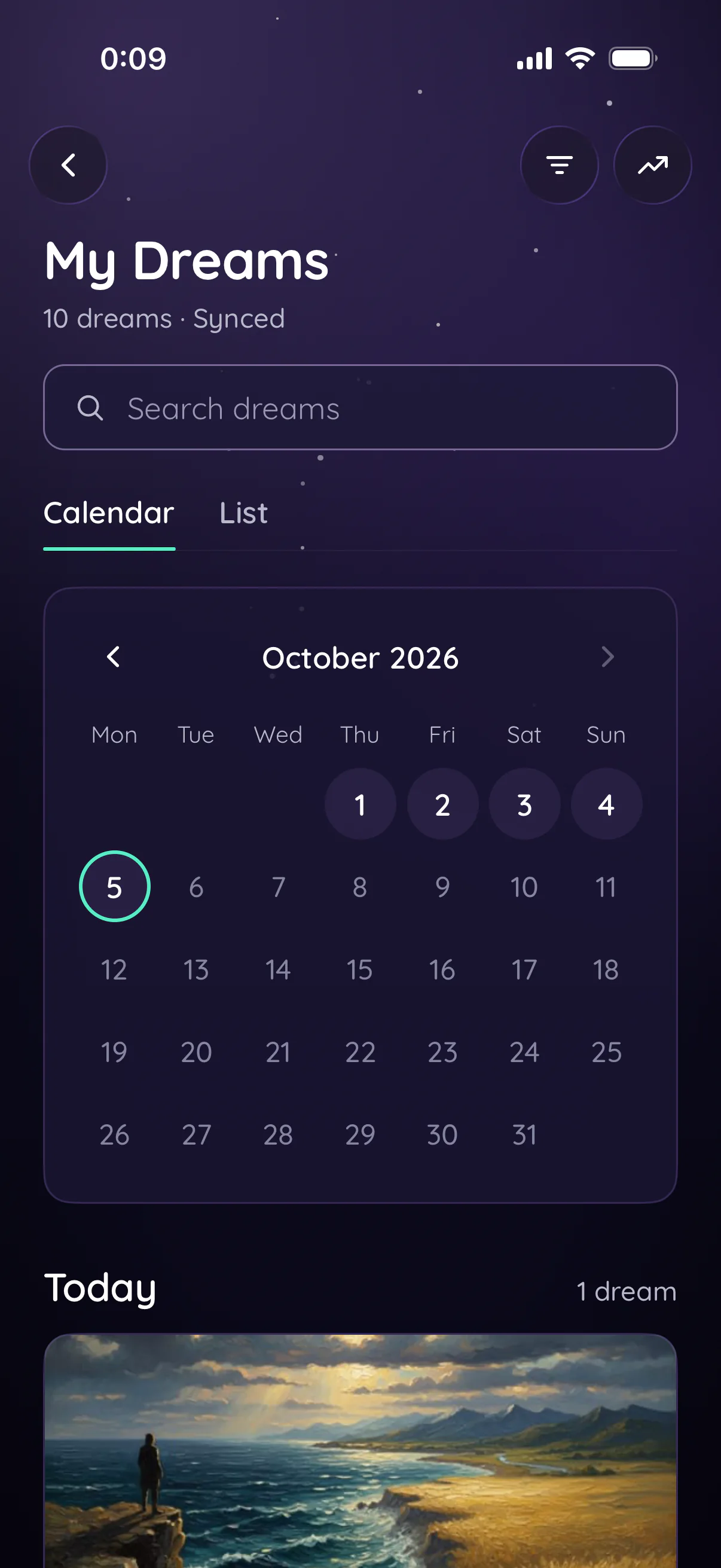 Noctea's My Dreams screen in calendar view: 10 dreams, synced; a search field, Calendar and List tabs, and the October 2026 calendar with the dream days marked and today ringed in mint.