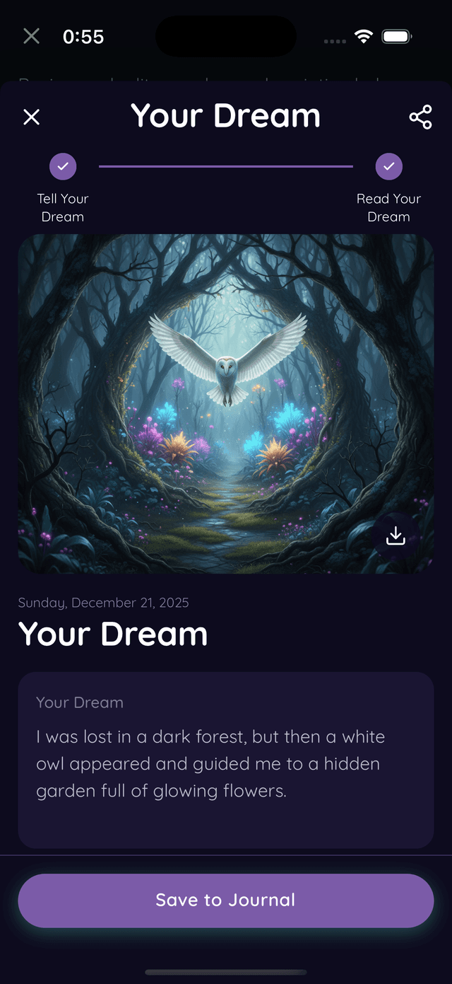 Late Night Dreams app showing dream interpretation